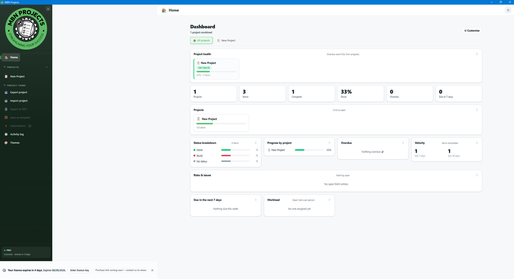 MBN Projects portfolio dashboard on Windows 11