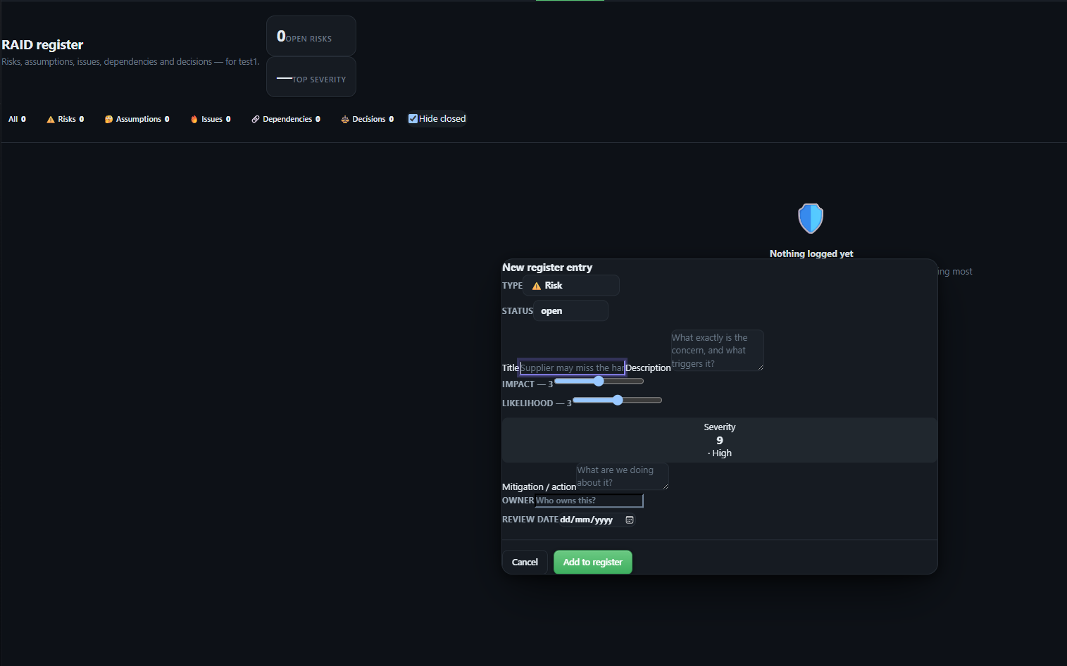 RAID register with severity scoring