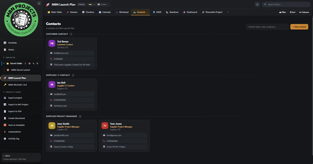 MBN Projects contacts view
