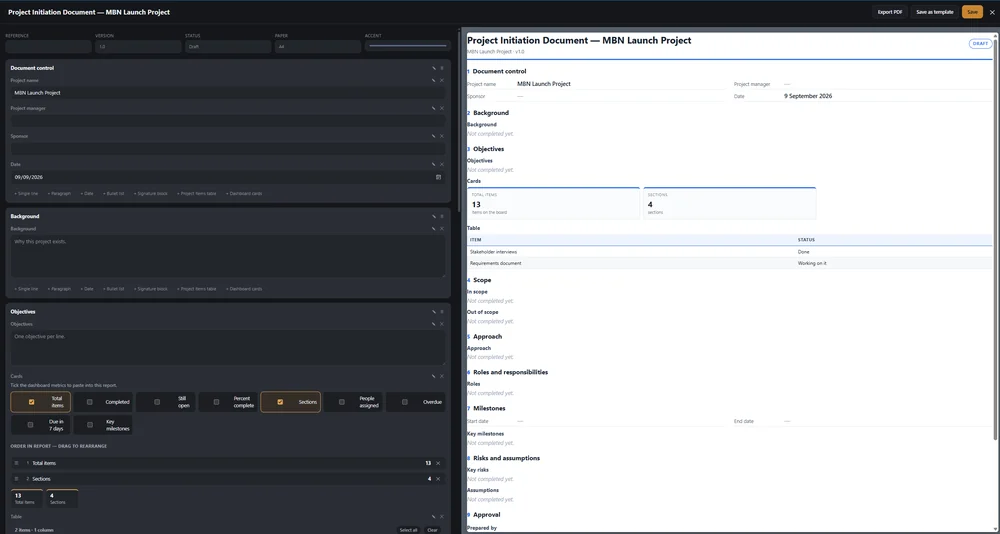 Document built in MBN Projects reading live project data