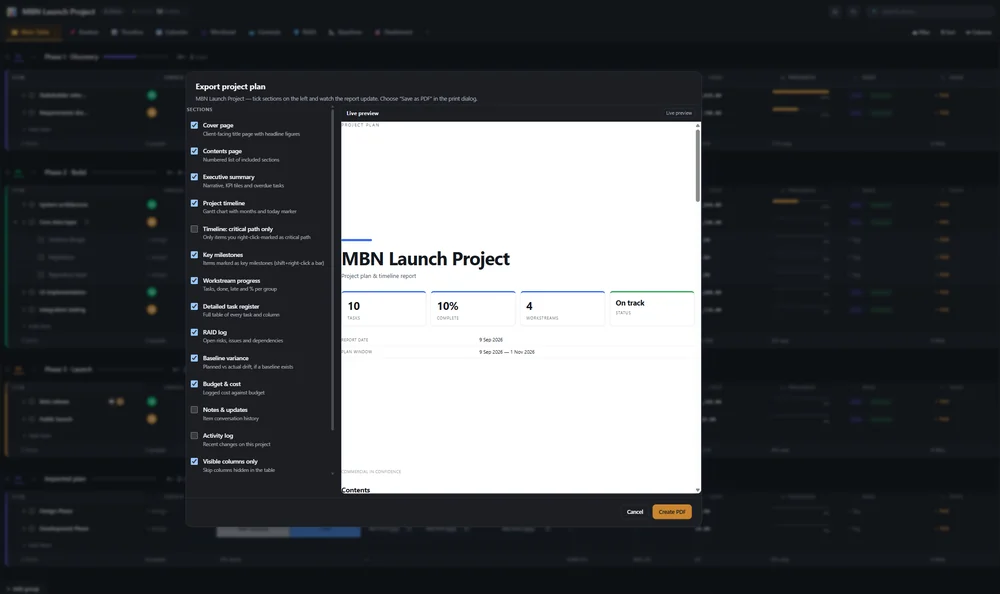 Exporting a branded PDF project plan from MBN Projects