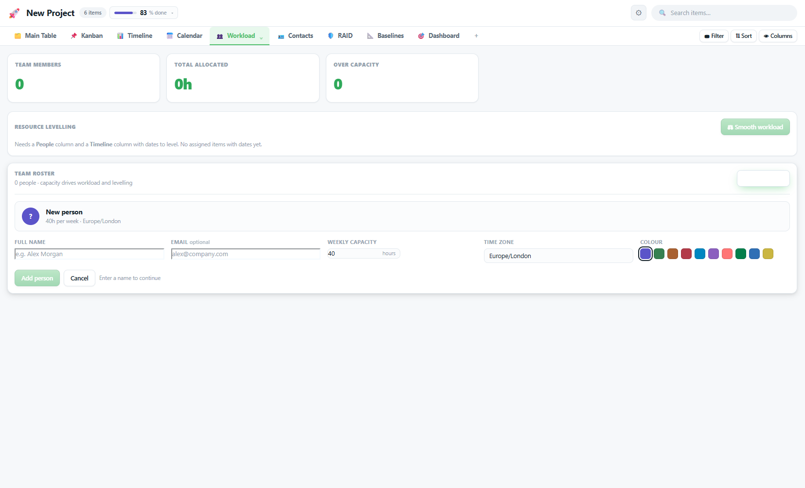 Workload view with team roster and capacity